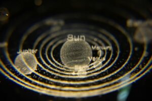 A miniature solar system with labeled planets.
