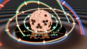 Textured sphere with dark spots and colorful glowing orbits.