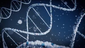 dna double helix render on blue
